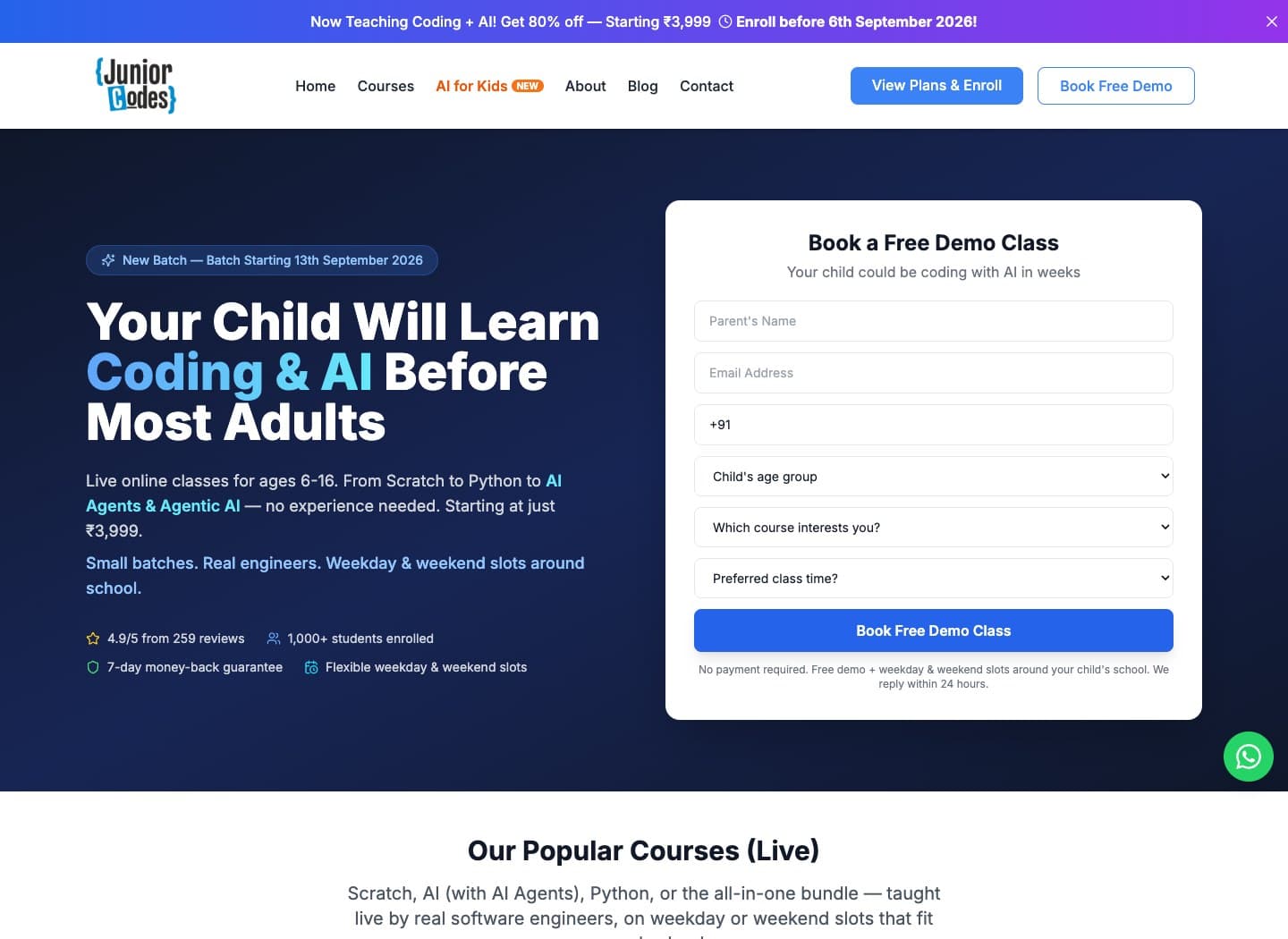 JuniorCodes website, designed and developed by Codekik